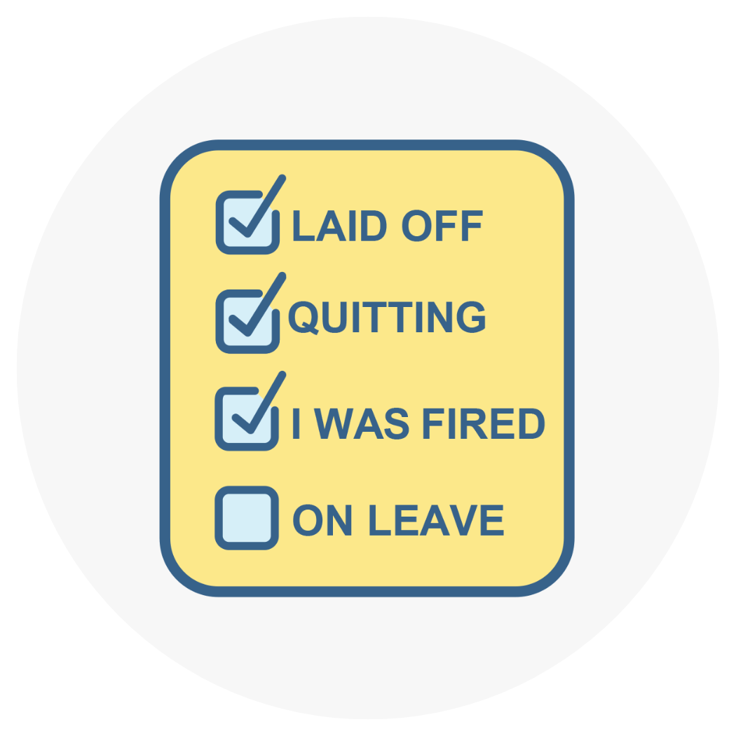 An icon that includes a list that reads, "Laid off, quitting, I was fired and on leave"