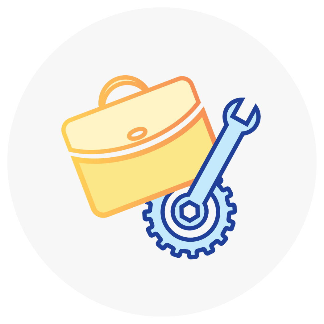 An icon of a briefcase, gear and wrench together.