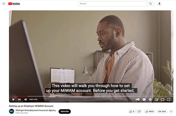 A screenshot of a YouTube video. The video has a subtitle on it that reads, "This video will walk you through how to set up your MiWAM account. Before you get started,"