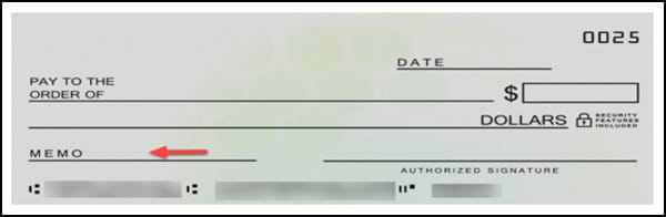 An image of a paper check. There is a red arrow highlighting the "Memo" section.