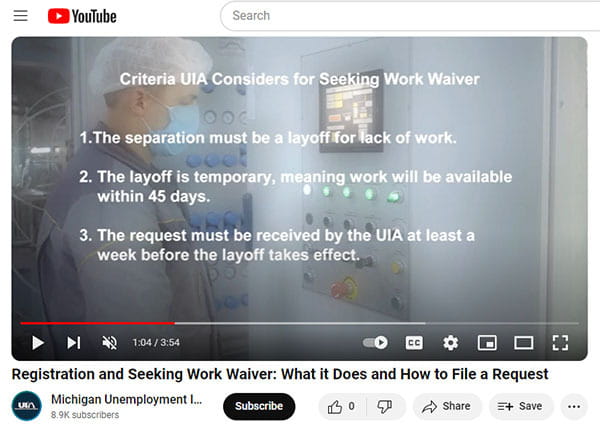 A screenshot of a YouTube video titled, "Registration and Seeking Work Waiver: What it Does and How to File a Request"