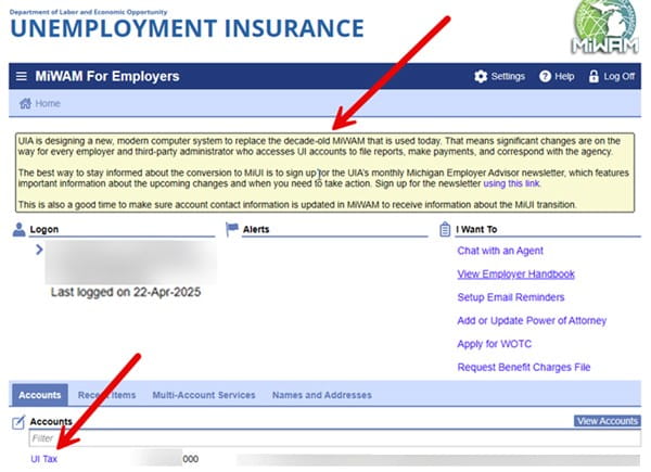 A screenshot of the MiWAM for Employers login screen. Important information text box and the UI tax link are both highlighted with a red arrow.