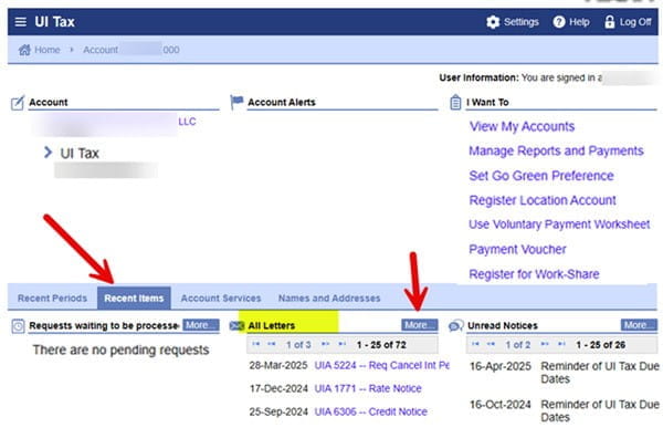 A screenshot of the UI Tax homepage in MiWAM. The "Recent Items" and "More" tabs are highlighted with red arrows.