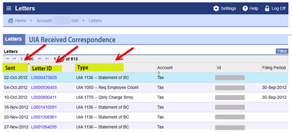 A screenshot of the Letters homepage in MiWAM. The column headers, "Sent,"Letter ID," and "Type" are highlighted with red arrows.