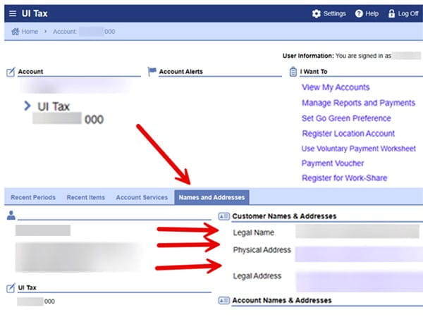 A screenshot of  the UI tax homepage in MiWAM. The "Names and Addresses" tab is highlighted with a red arrow. Under "Customer Names and Addresses," Legal Name, Physical Address and Legal Address are all highlighted with red arrows.