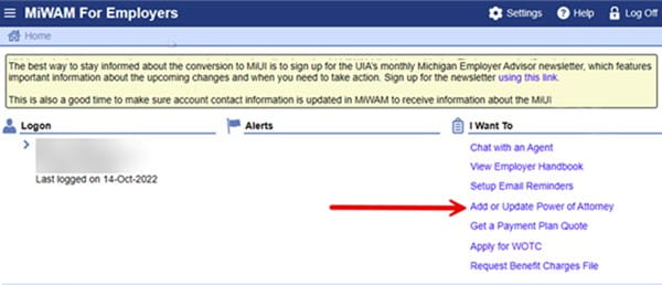 A screenshot of the MiWAM for Employers homepage with a read arrow highlighting the "Add or Update Power of Attorney" link.