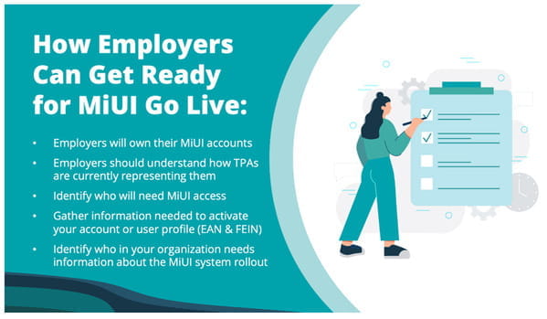 A 2D graphic that has several bullet points. The text reads, "How Employers Can Get Ready for MiUI Go Live: Employers will own their MiUi accounts. Employers should understand how TPAs are currently representing them. Identify who will need MiUi access. Gather information needed to activate your account or user profile (EAN and FEIN). Identify who in your organization needs information about the MiUi system rollout."