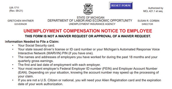 A screenshot of an Unemployment Compensation Notice to Employee.