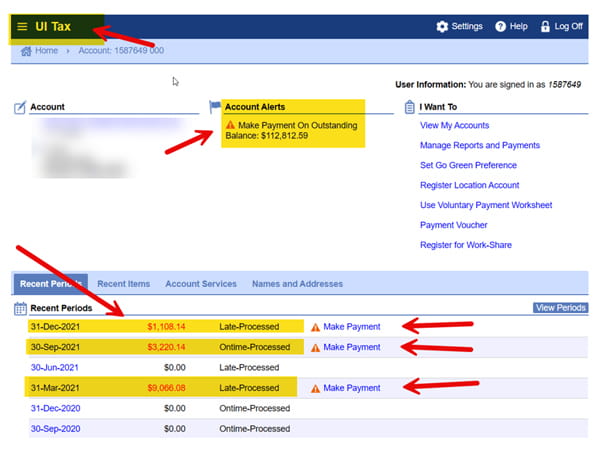 A screenshot of the UI Tax page. "Account Alerts", and "Make Payment" alerts are highlighted.