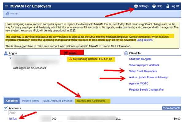 A screenshot of the homepage for MiWAM for Employers. Settings, Alerts, Names and Address, UI Tax, Setup Email Reminders and Add or Update Power of Attorney are highlighted.