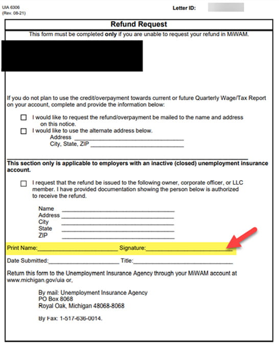 A screenshot of a refund request form. Under the second section, the screenshot highlights a line that asked for printed name and signature.