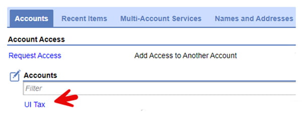 A screenshot of a logged in MiWAM account. The screenshot shows under the "Accounts" tab. A red arrow points to a link named "UI Tax" this link is underneath a section titled "Account Access" under a subsection titled "Accounts"