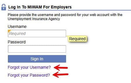The log in to MiWAM for Employers page with "Forget Your Username?" and "Forgot your Password?" highlighted.