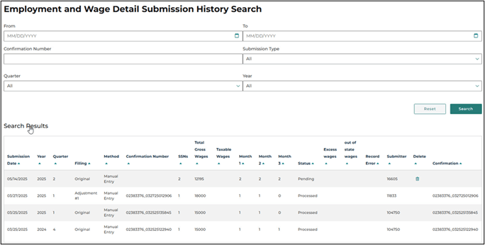 A screenshot of the Employment and Wage Detail Submission History Search page.