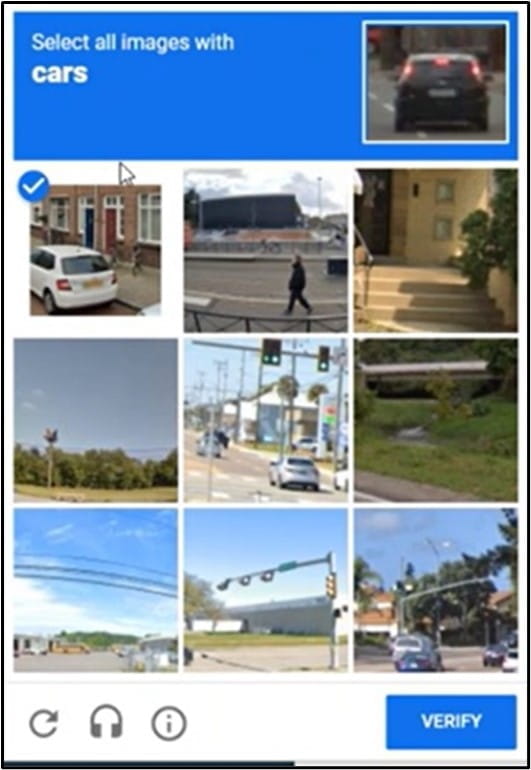 A screenshot of the CAPTCHA pop up asking the user to select all images with cars.