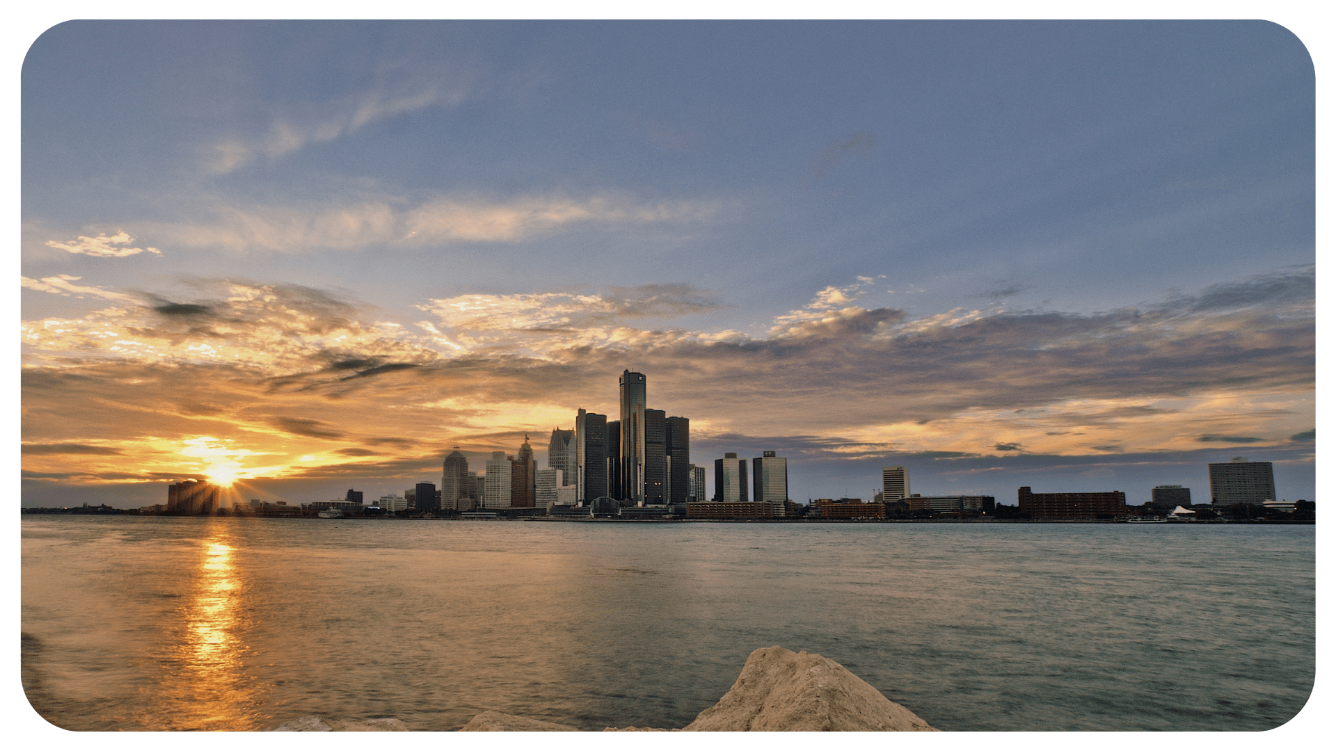 The Detroit skyline at sunset.