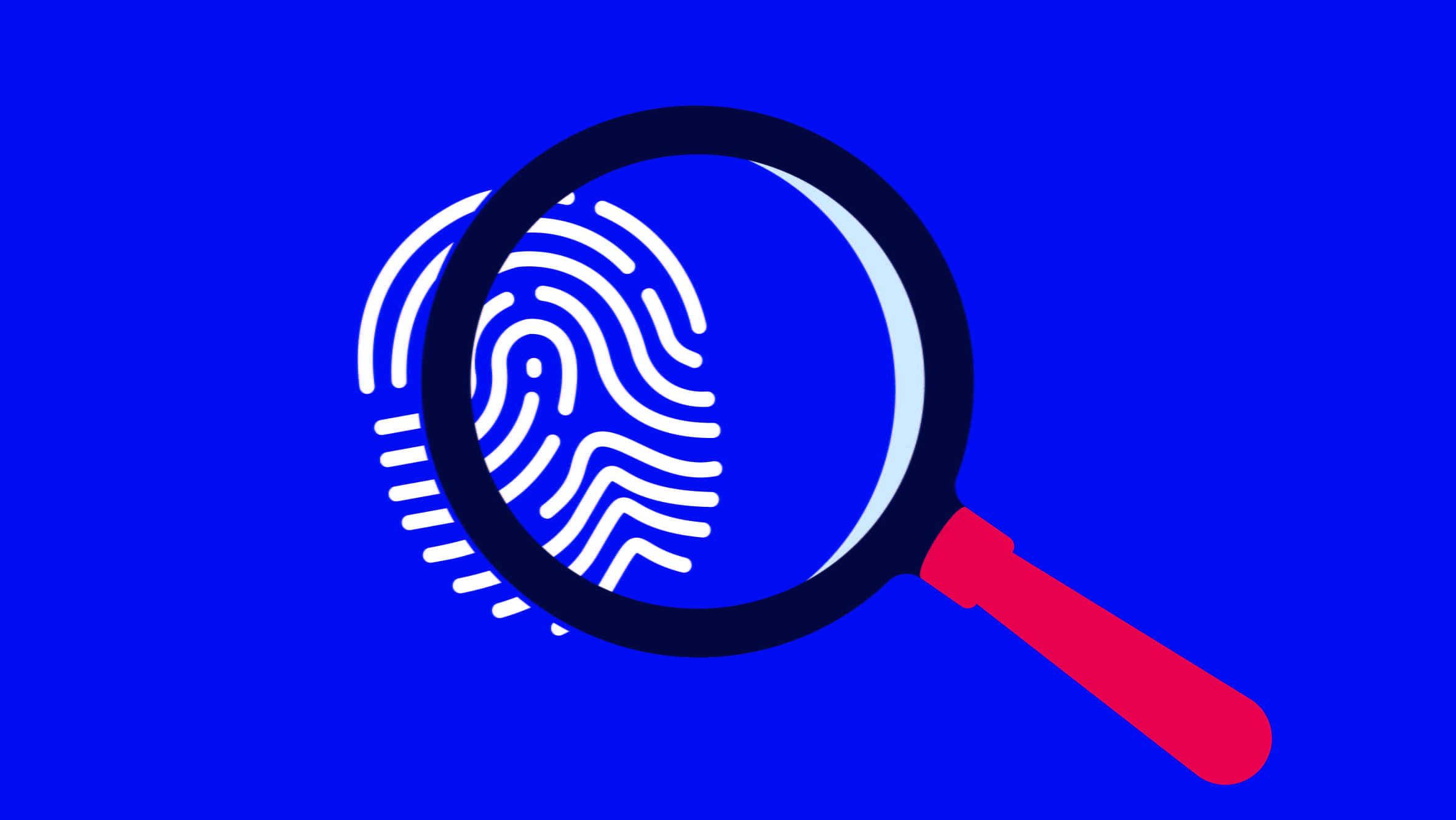 A 2D image of a fingerprint with a magnifying glass looking over the fingerprint.