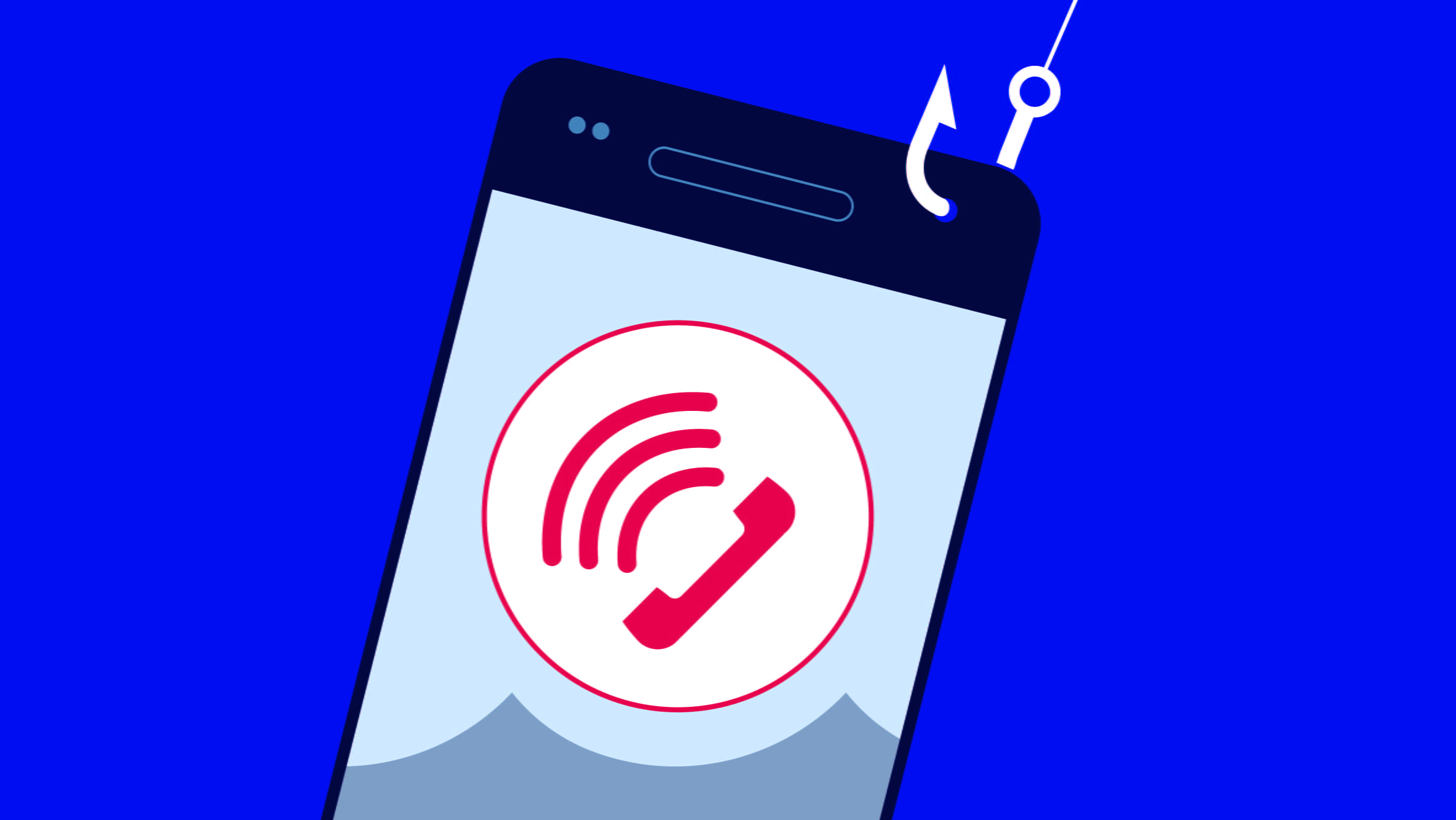 A 2D image of a smartphone with a fishing hook attached to it. The phone has an incoming call on the screen.