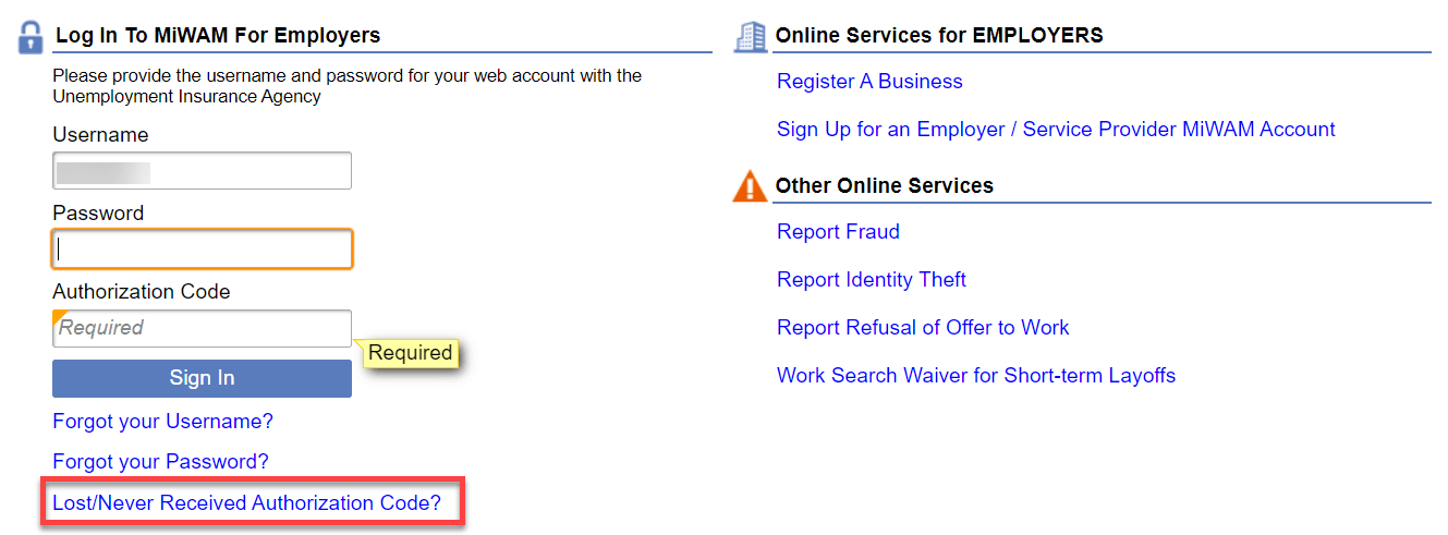 Lost/Never Received Auth code link is the last link under login