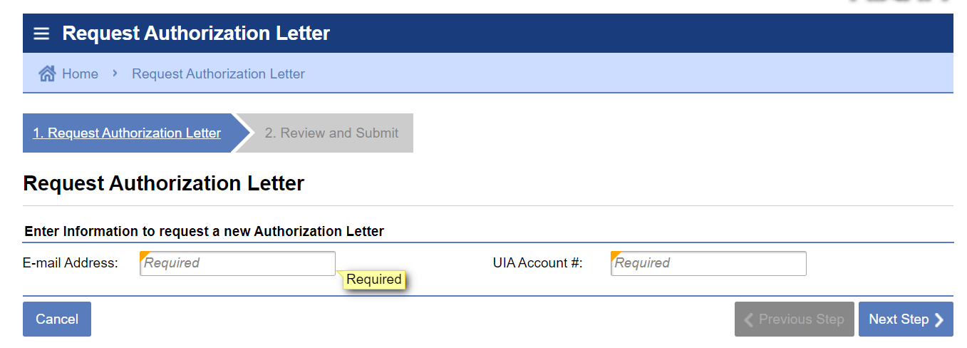 email and account number boxes - both are required to request authorization letter
