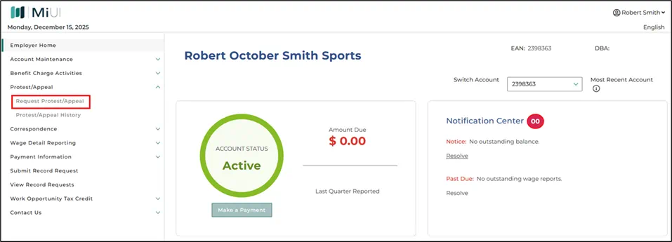 Screenshot of MiUI for Employers homepage with the Protest/Appeal dropdown's "Request Protest/Appeal" menu highlighted.