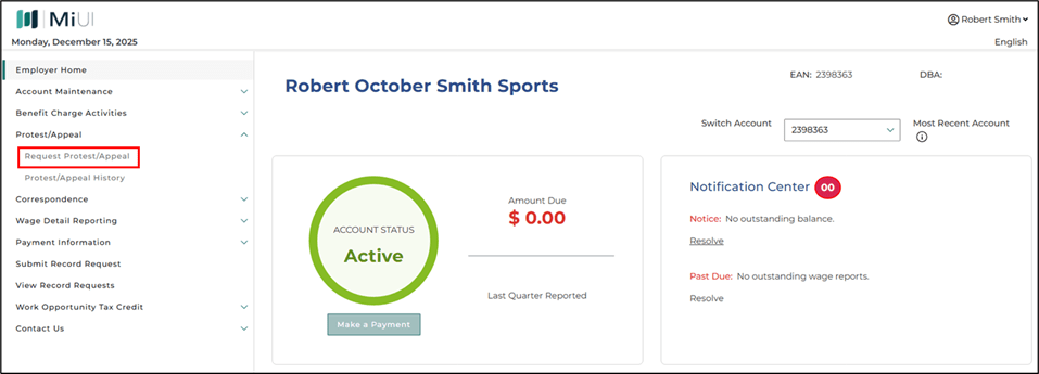Screenshot of MiUI for Employers homepage with the Protest/Appeal dropdown's "Request Protest/Appeal" menu highlighted.