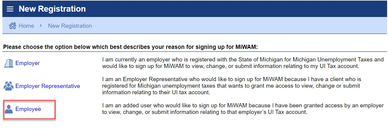 click the employee link under new registration