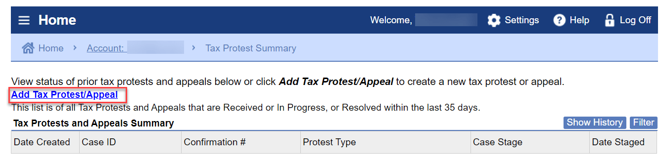 Click “Add Tax Protest/Appeal."