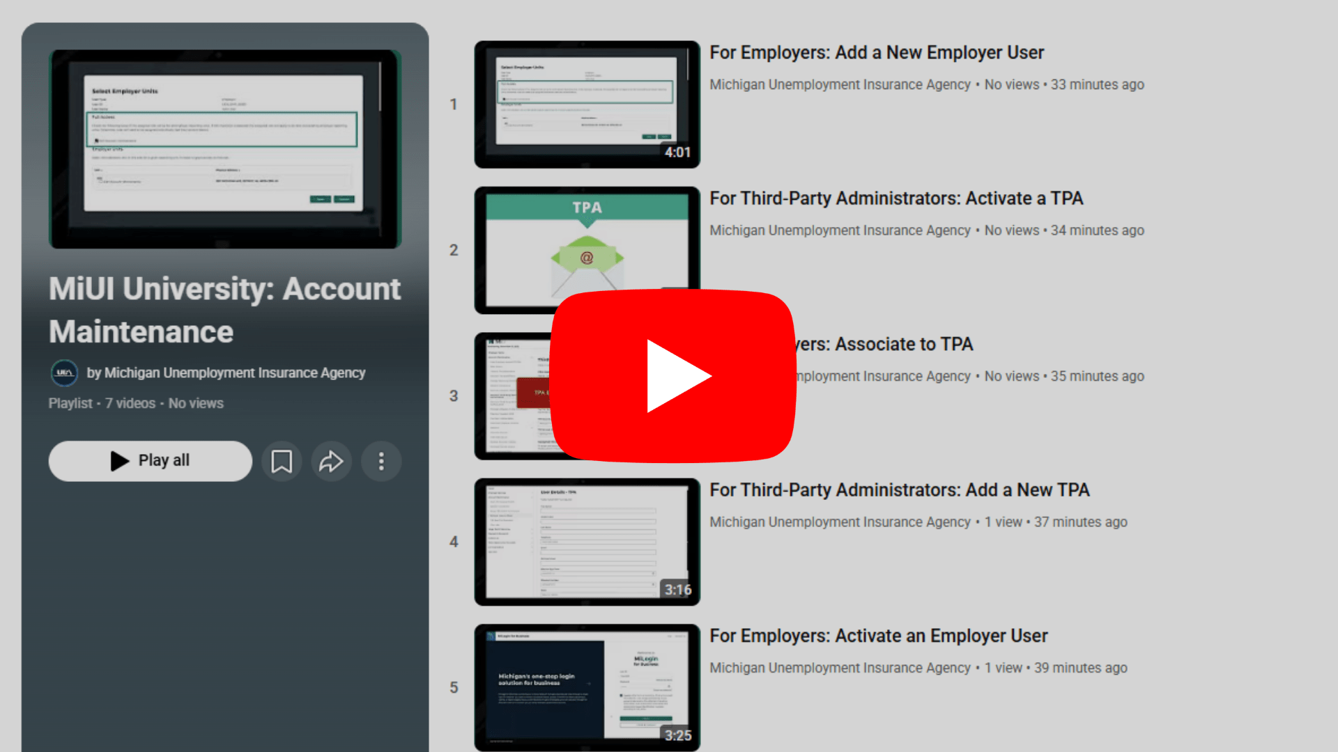Screenshot of the Account Maintenance Playlist on UIA's YouTube.