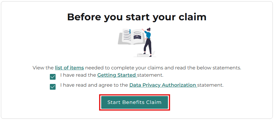 Screenshot of the "Before you start your claim" page with a red box highlighting the "Start Benefits Claim" button.