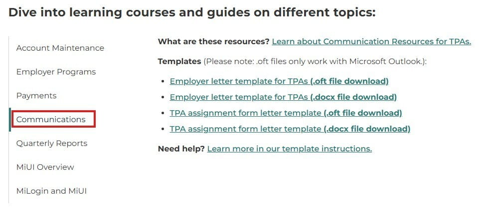 A screenshot of the TPA Resources Training page. The "Communications" tab is highlighted in red.