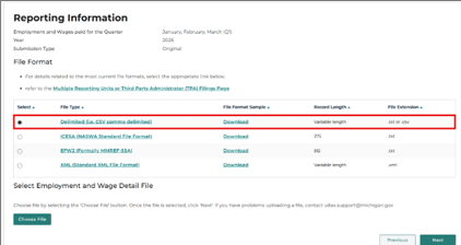 Screenshot of the "Reporting Information" page which is highlighting the selected "Delimited" file type.