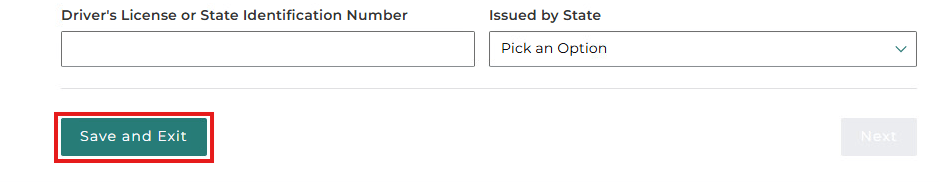 A screenshot asking for a Driver's License number with the "Save and Exit" button highlighted in a red box.
