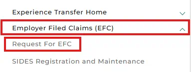 Screenshot of the MiUI left navigation menu with the Employer Filed Claims and Request for EFC drop downs highlighted.