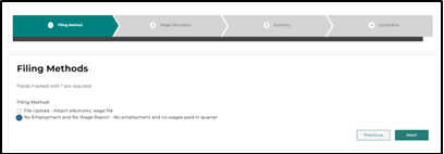 A screenshot of the "Filing Methods" page with "No Employment and No Wage Report" selected