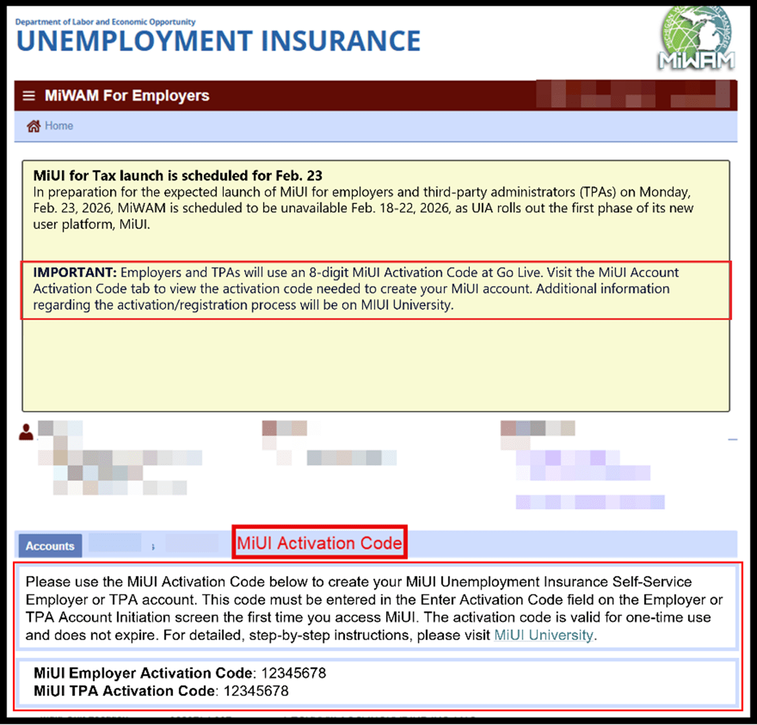 The MiWAM landing page. At the bottom of the page, the "MiUI Activation Code" tab is highlighted in red. 