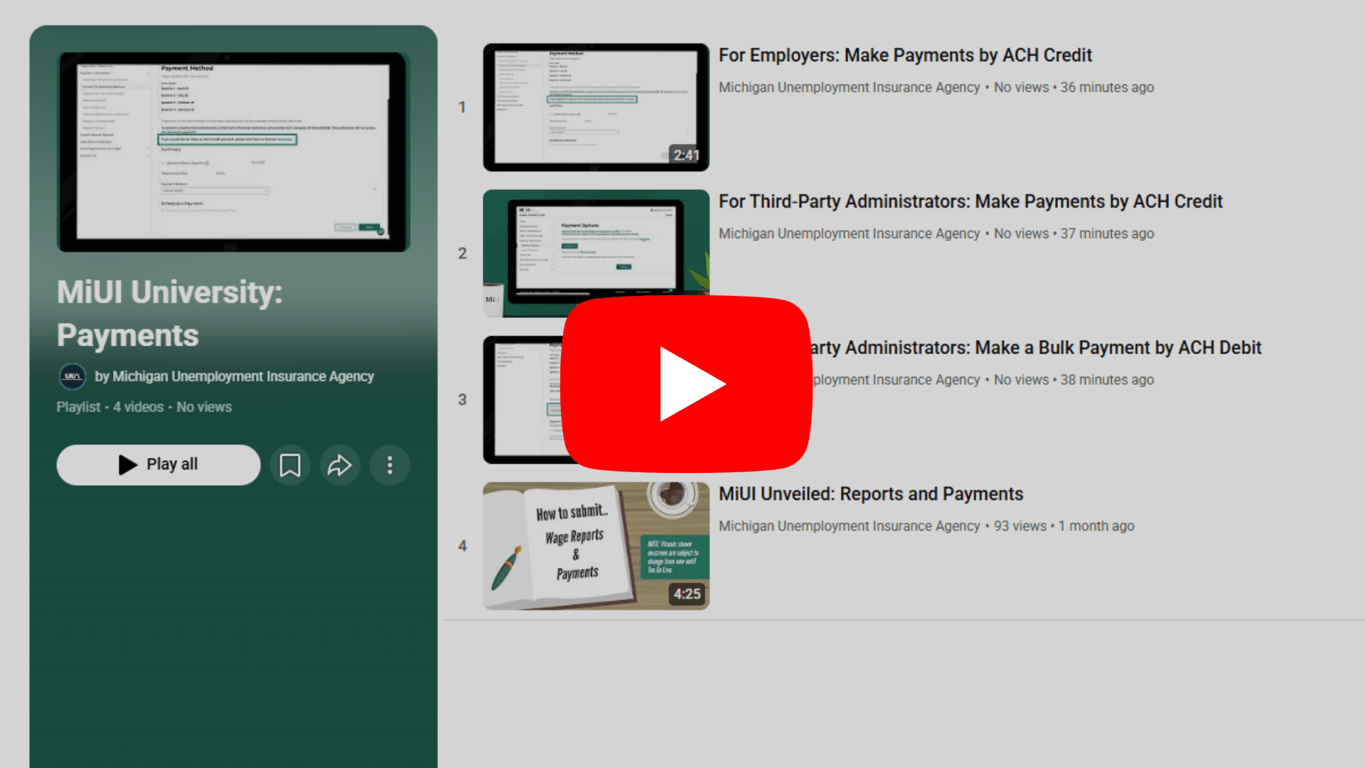 Screenshot of the Payments Playlist on UIA's YouTube.