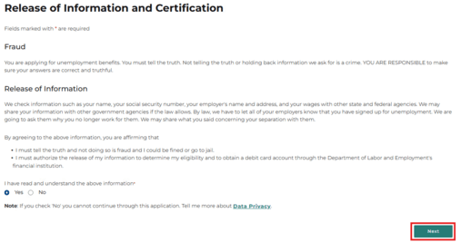 Screenshot of the Release of Information and Certification page with the Next button highlighted in red.