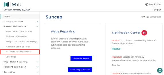 A screenshot of the MiUI home page. The menu "TPA Rate File Download" is highlighted in red.