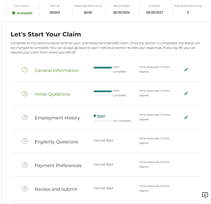 Screenshot of the "Lets Start Your Claim" page.