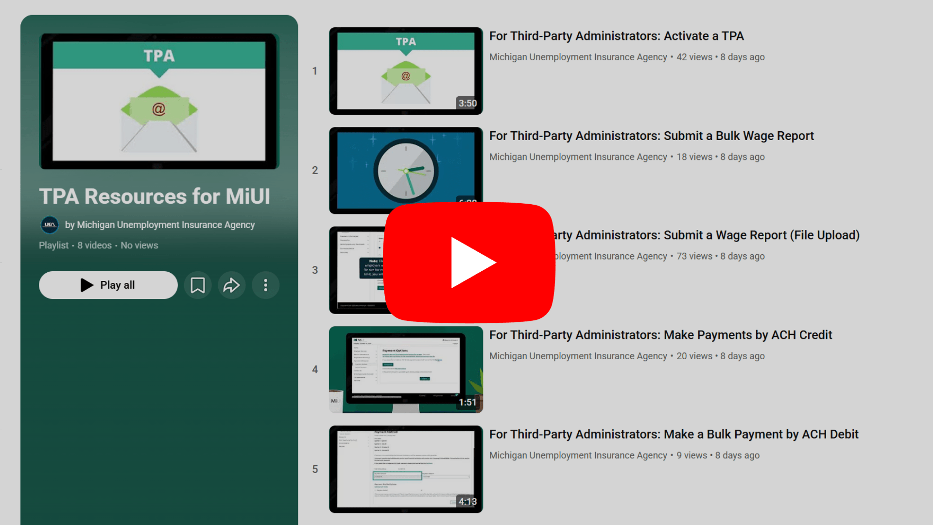 A screenshot of the MIUI University TPA Resources playlist on YouTube.
