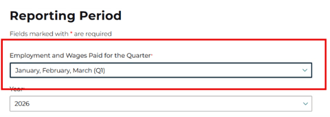The "Employment and Wages Paid Wages for the Quarter:" drop down menu is highlighted.
