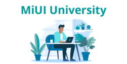 A 2D image of a person sitting at a desk looking at a laptop. Text above them reads, "MiUI University"