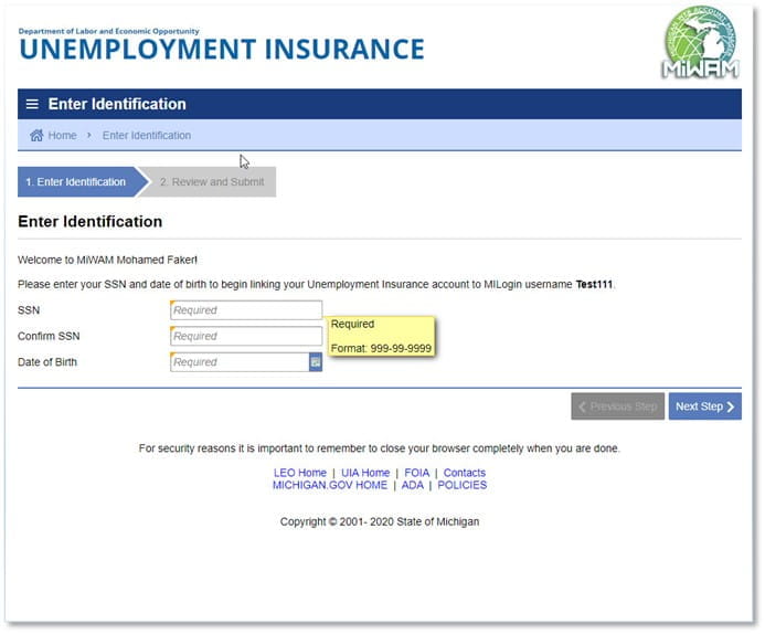 A screenshot of the MiWAM account setup page, enter identification information page.