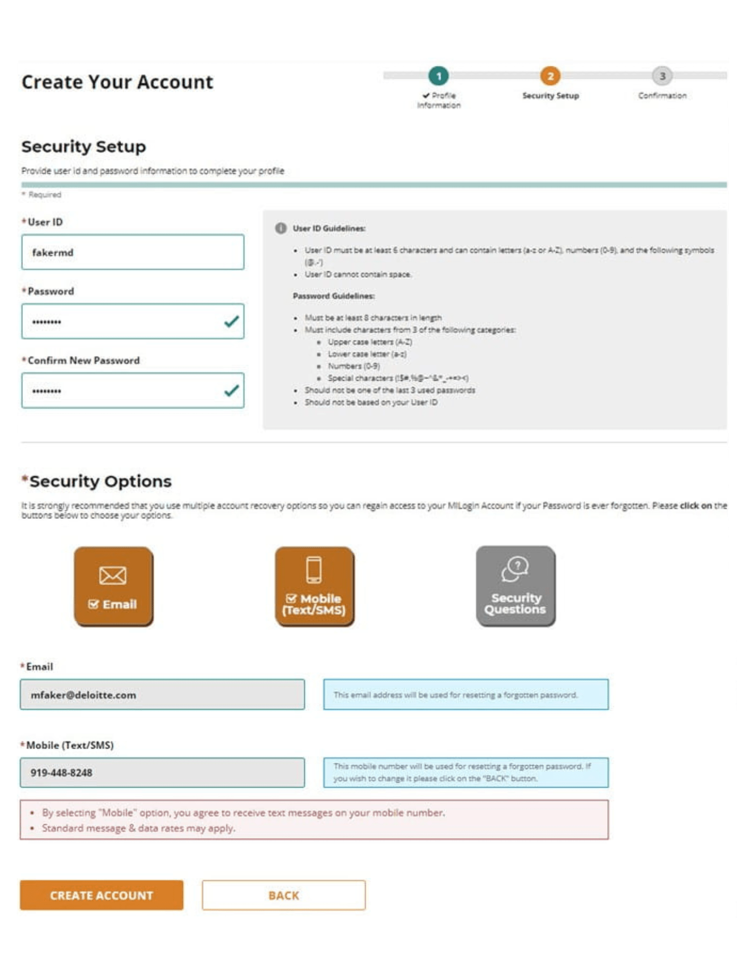 A screenshot of the "Create Your Account" setup page in MiLogin. This is focused on the second step, security setup.