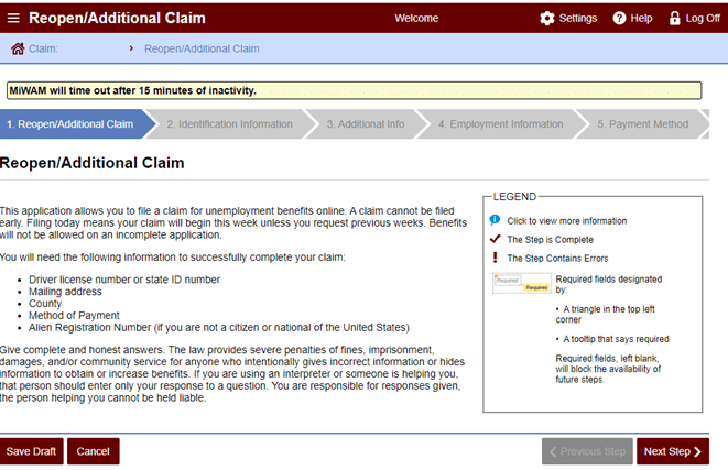 Screengrab showing PUA Reopen/Additional Claims screen