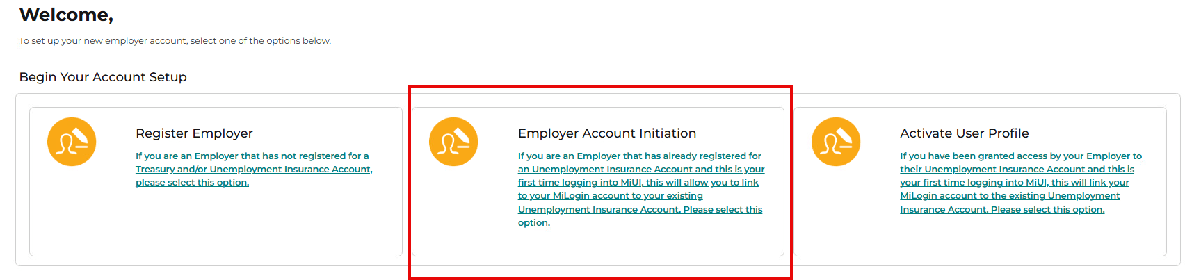 The "Employer Account Initiation" box is highlighted on the welcome page.