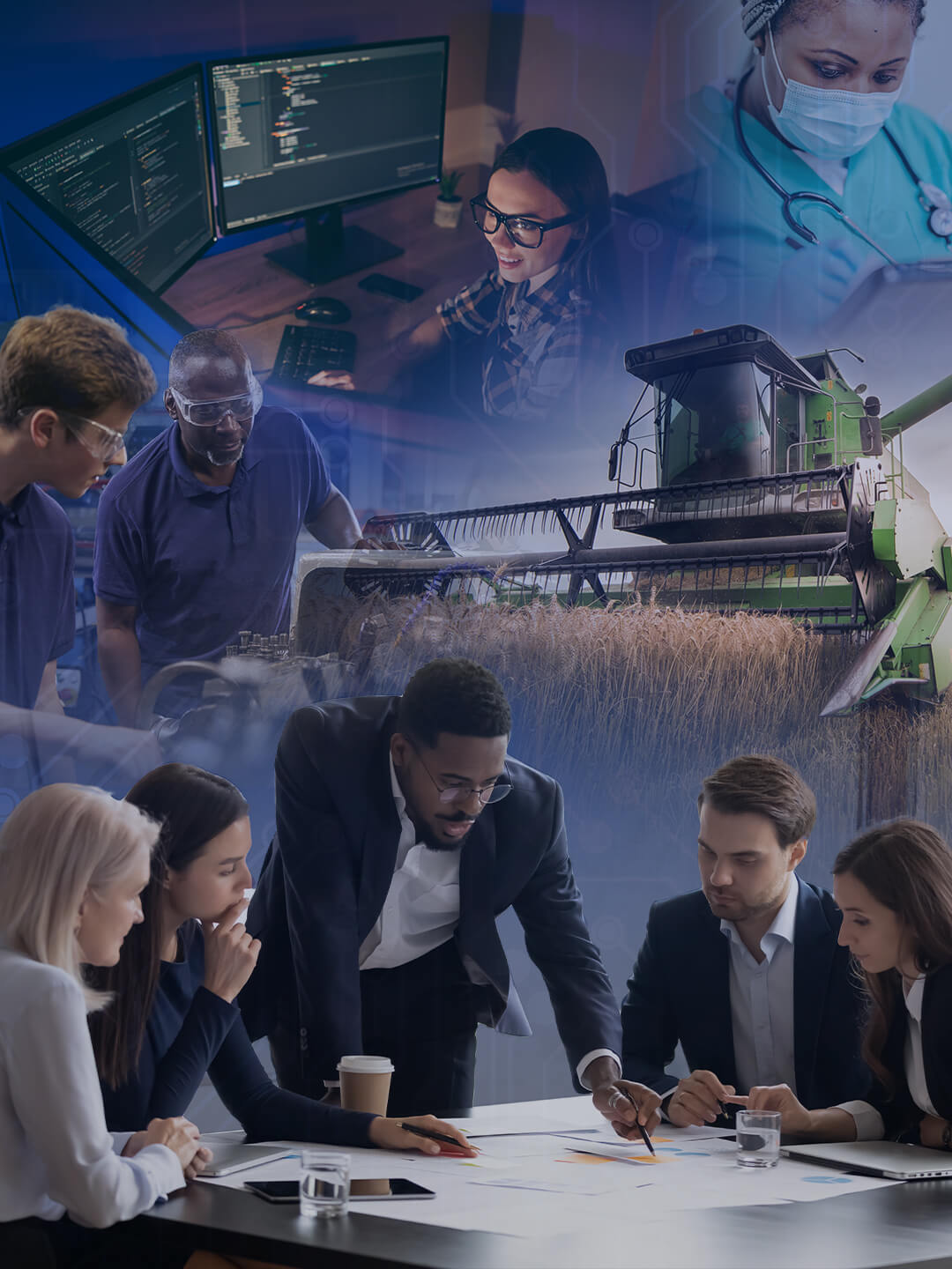 A collage depicting various professional fields, including computer science, agriculture, business, healthcare, and manufacturing.