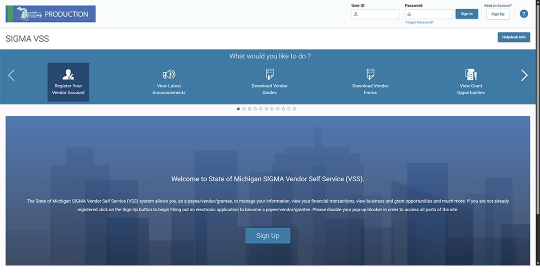 SIGMA Vendor Self Service (VSS) homepage showing a blue banner with multiple navigation options.