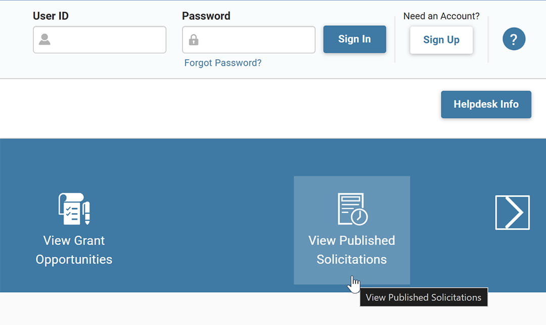 Zoomed-in view of the SIGMA VSS homepage navigation bar. The “View Published Solicitations” tile is highlighted with a cursor pointing at it, located to the right of “View Grant Opportunities.”